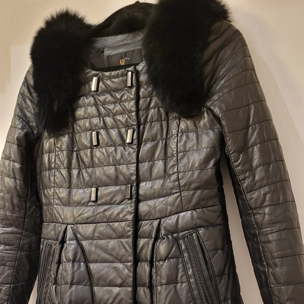 Genuine Leather Dress Coat with Real Fox Fur Collar